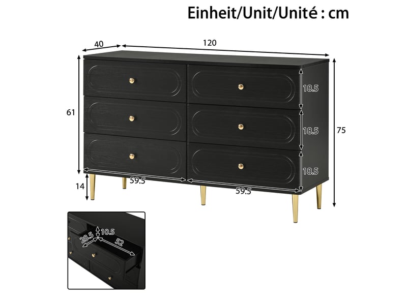  Buffet bahut salon 120x40x75 cm, commode 6 tiroirs avec façades ovales, pieds métal, grand rangement - noir  - Conforama C