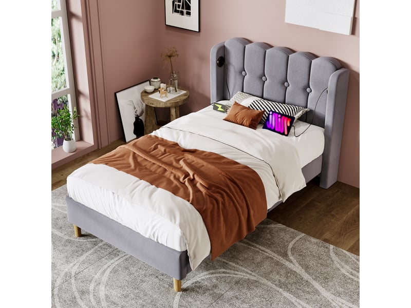  Lit rembourré simple 90x200 cm en lin gris avec ports usb type-c, tête capitonnée et sommier à lattes  - Conforama C