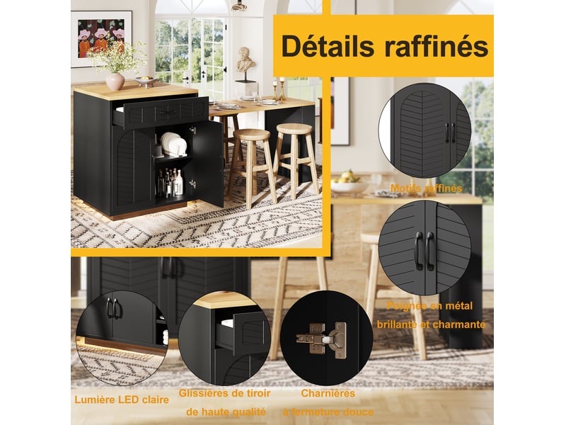 Desserte de cuisine 141-193,5x70x95,5 cm, table extensible, 2 tiroirs, range-bouteilles, en mdf, couleur noir et bois - Conforama E