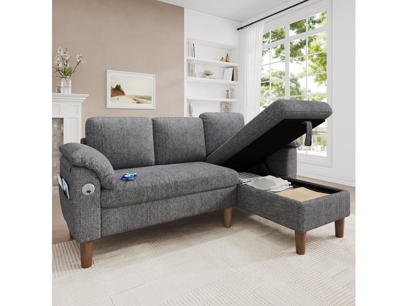  Canapé d'angle 3 places modenvie avec méridienne réversible, rangement, ports usb et type-c, tissu chenille gris clair 181 x 125 x 88 cm  - Conforama B