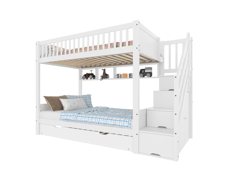  Lit superposé enfant 90x200 cm avec lit gigogne, escalier et armoire, blanc  - Conforama A
