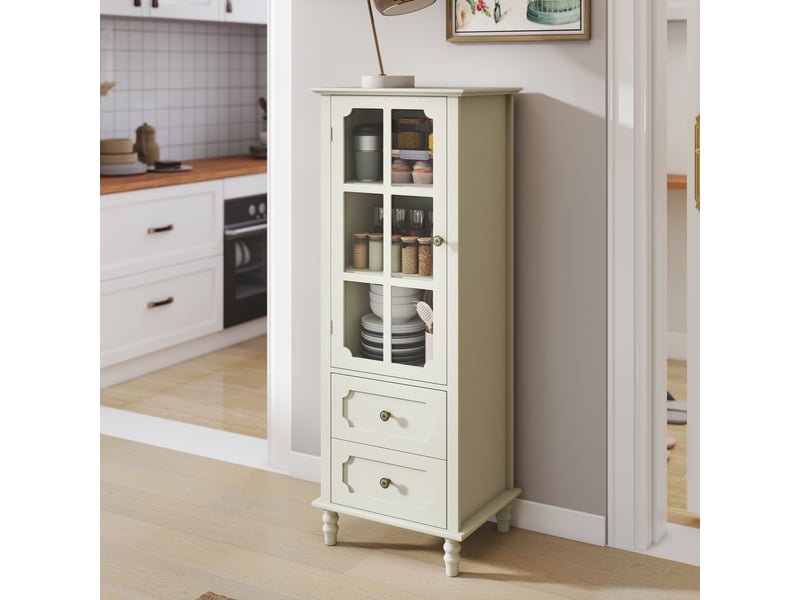  Buffet - 50x40x133 cm - meuble de rangement haut avec porte vitrée et 2 tiroirs, vitrine et buffet de cuisine - blanc  - Conforama B