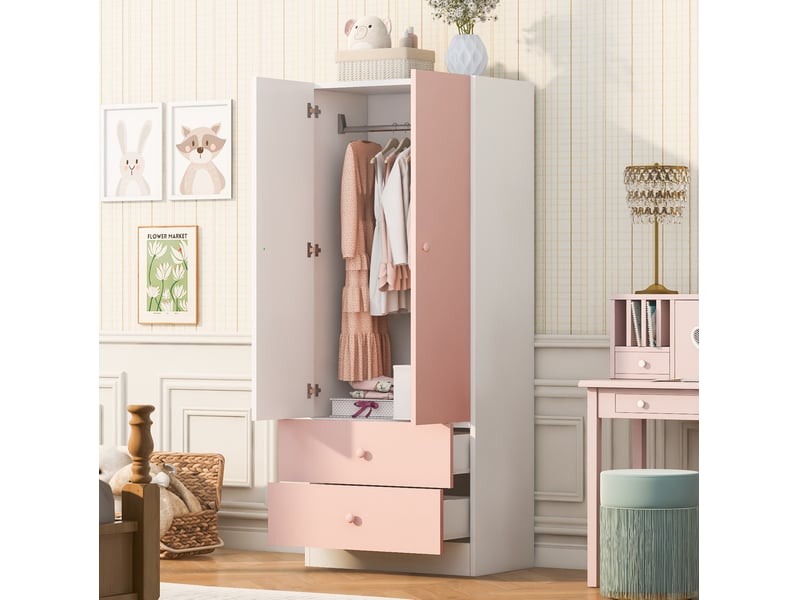 Armoire penderie enfant rose et blanche – 2 portes, 2 tiroirs – 70 x 40 x 170 cm  - Conforama B