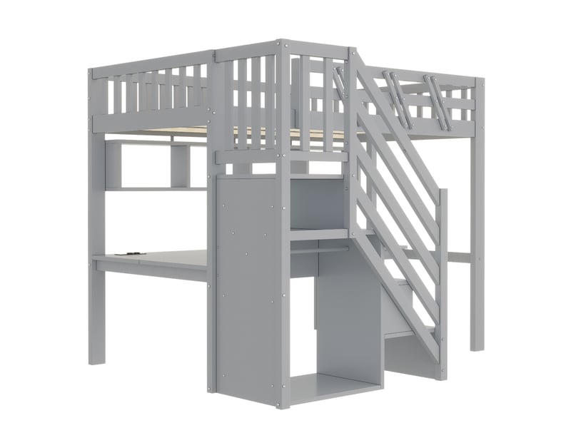 Lit mezzanine enfant 90x200 cm – gris – bureau, rangements intégrés, led et prises usb - sans matelas - Conforama D