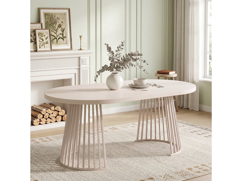  Table à manger extensible 100138176 x 100 cm en mdf et fer, plateau épais 3 cm, pour 4 à 8 personnes, coloris cachemire.  - Conforama B