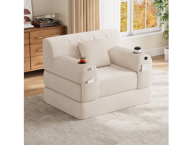 Canapé-lit tcqpz 1 place 107 x 80 x 81 cm convertible en couchage 162 cm velours côtelé beige - Conforama D