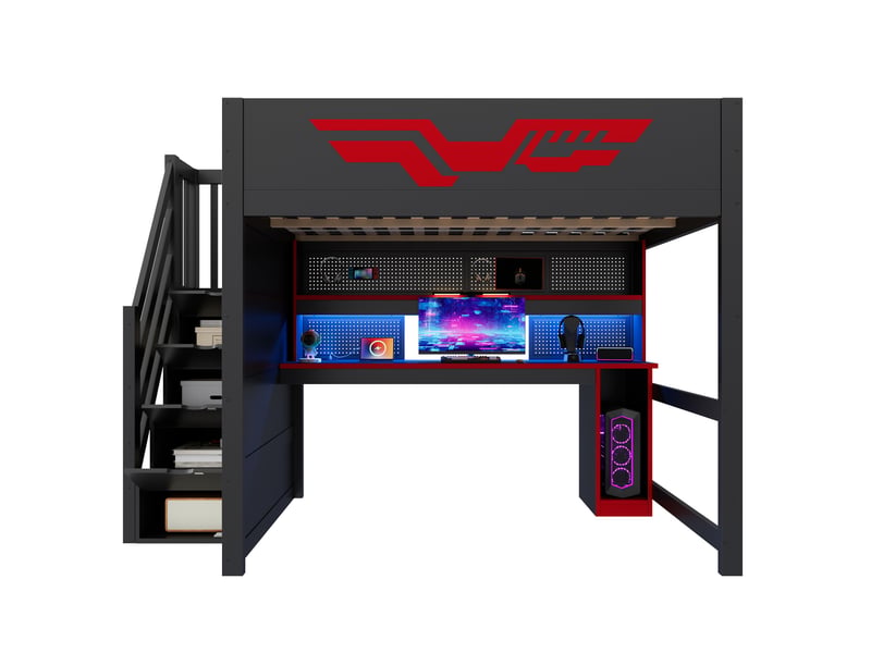 Lit mezzanine 140 × 200 cm 2 places avec bureau, led réglable, usb, 4 rangements et échelle, sans matelas, noir et rouge - Conforama A