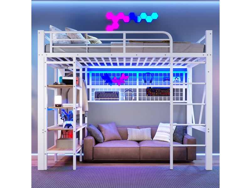 Lit mezzanine 90x200 cm avec rangement, cadre en métal et mdf, éclairage led contrôlé par application, blanc - Conforama E
