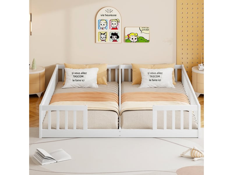  Lit enfant 90x200 cm avec barrières de sécurité en bois de pin - lit de transition sans sommier ni matelas - blanc Morn Vibe - Conforama B