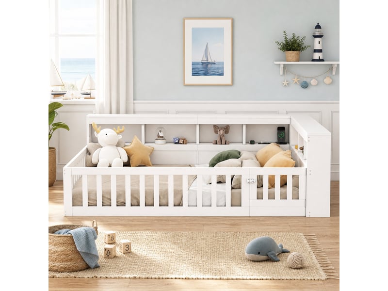  Lit banquette enfant 140 x 190 cm avec sommier, rangement, usb et prises, blanc  - Conforama B