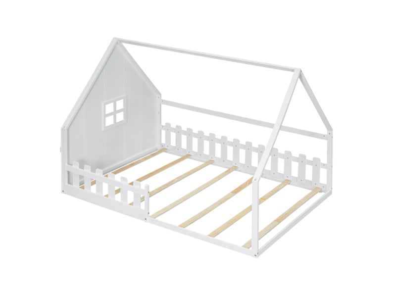 Lit cabane 140x200 cm, lit double avec barriéres de sécurité, cadre de lit en pin, blanc, sans matelas - Conforama E