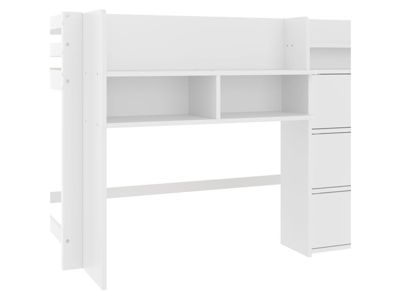  Lit mezzanine 90x200 cm en bois, lit simple avec étagères, 3 compartiments et échelle, sans matelas, blanc  - Conforama E