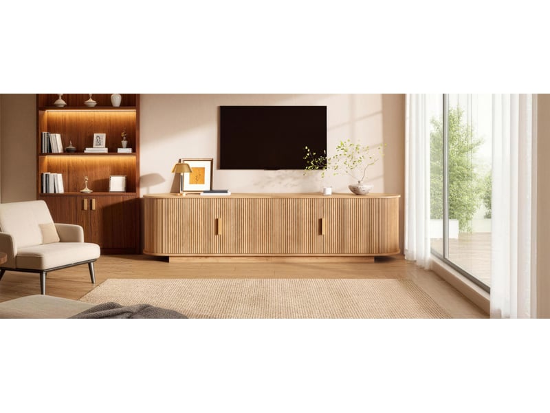 Meuble tv 180 cm banc tv bois naturel avec 4 portes ondulées 3d, meuble de salon moderne pour écrans plats, 180x35x50cm  - Conforama R