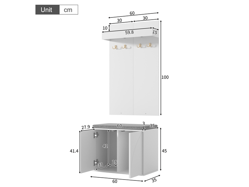  Meubles d'entrée 3 en 1 avec 4 crochets, banc et meuble à chaussures 2 portes blanc pour couloir 60 × 35 × 145 cm  - Conforama C