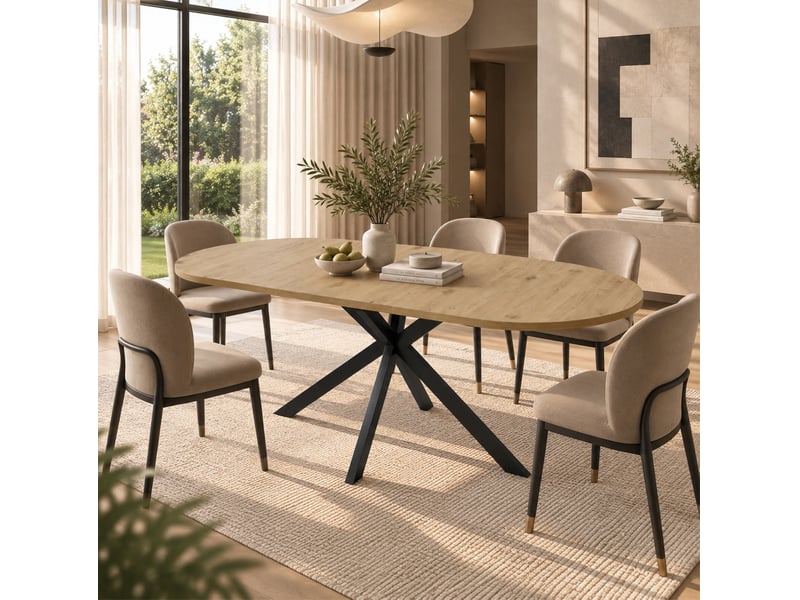  Table à manger extensible 120160x80 cm – bois clair – plateau ovale, rallonge intégrée et pieds métal noirs  - Conforama B