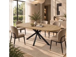 Table à manger extensible 120160x80 cm – bois clair – plateau ovale, rallonge intégrée et pieds métal noirs