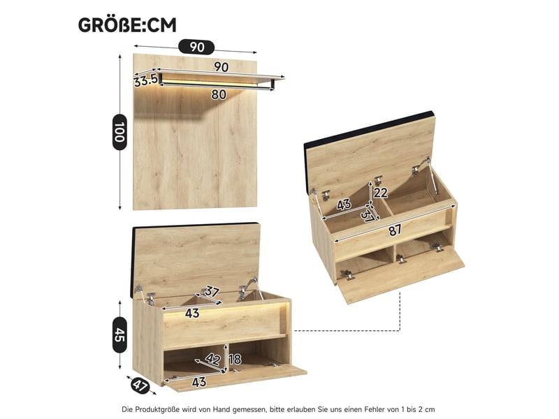 Set d'entrée porte-manteau mural et banc à chaussures 90x47x145 cm, avec led, mdf, bois clair  - Conforama C