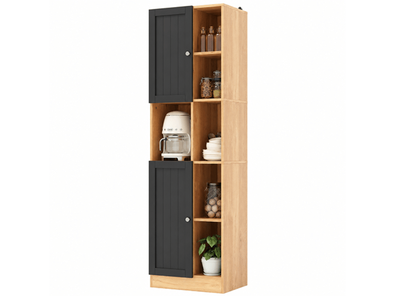 Armoire d'angle cuisine meuble d'angle haut avec 6 étagères ouvertes et 2 portes, anthracite et chêne, 50x35.5x170cm - Conforama A