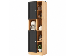 Armoire d'angle cuisine meuble d'angle haut avec 6 étagères ouvertes et 2 portes, anthracite et chêne, 50x35.5x170cm