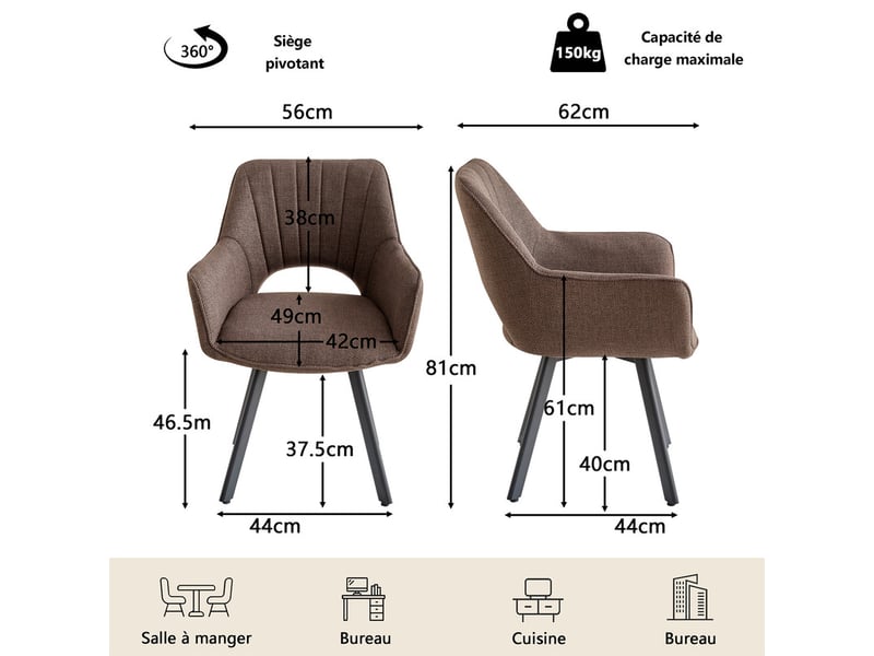  Lot de 6 chaises de salle à manger pivoter à 360° - cuisine, salon - avec dossier ajouré - lin - pieds en métal - marron foncé  - Conforama E