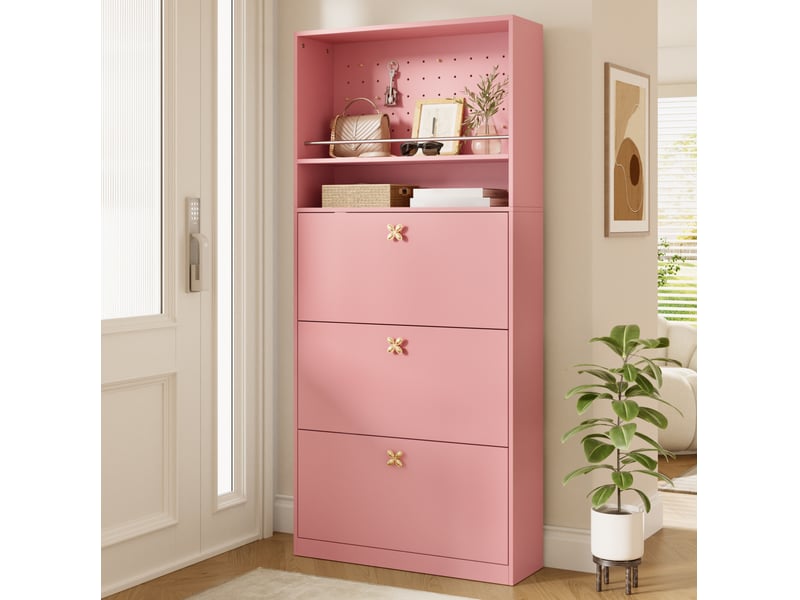 Meuble à chaussures 80x24x178,5 cm avec 3 abattants et 2 étagères, rose - Conforama E