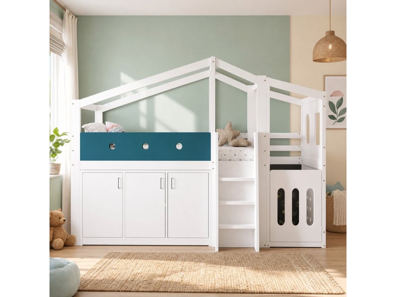 Lit enfant mi-hauteur 90 x 200 cm avec espace de jeu, rangement et échelle, blanc - Conforama B