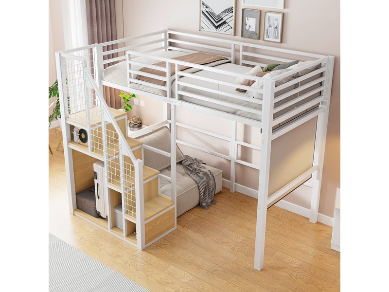  Lit mezzanine blanc 90x200 cm – échelle de sécurité, cadre en fer et rangement intégré – lit ado  - Conforama B
