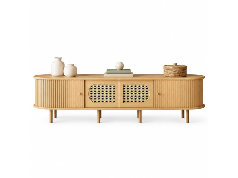  Meuble tv avec 2 portes aspect cannage et 2 portes à rideau, pour salon, en mdf, finition bois clair, 180×40×40 cm  - Conforama A