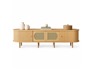 Meuble tv avec 2 portes aspect cannage et 2 portes à rideau, pour salon, en mdf, finition bois clair, 180×40×40 cm