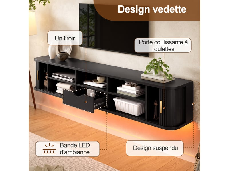  Meuble tv mural 175x30x30 cm - éclairage led contrôlable par application - mdf - noir CozyNest - Conforama E