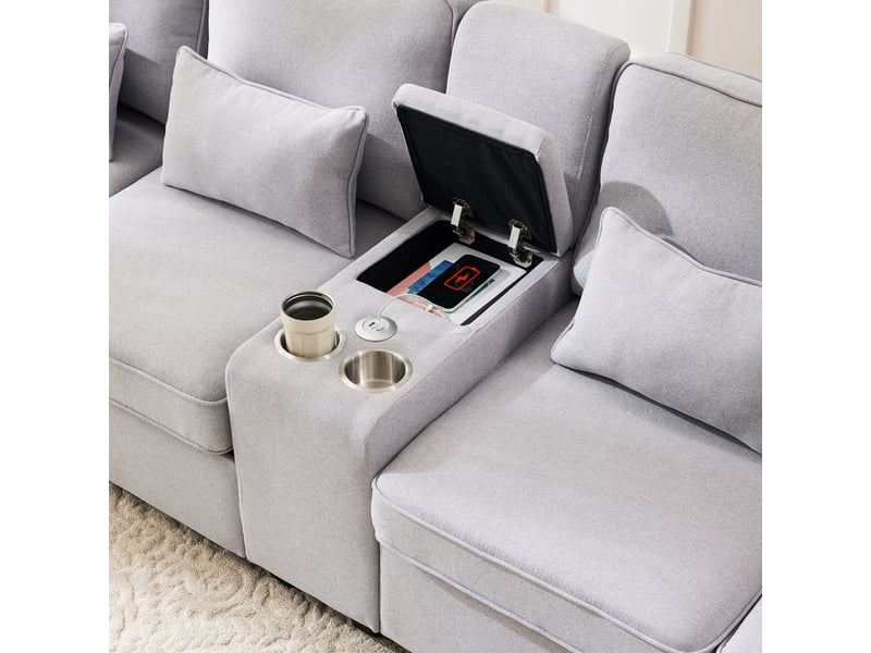  Canapé droit 4 places 290x83x88 cm avec console intégrée, 2 porte-gobelets, 2 ports usb et poches de rangement, lin, gris  - Conforama E