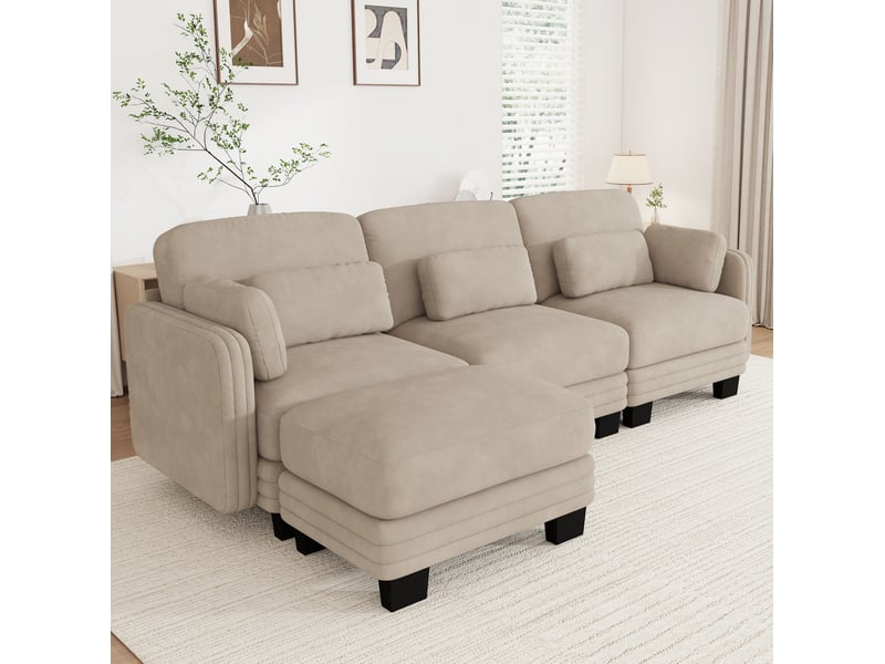  Canapé d’angle modulable 3 places en chenille café clair avec ottomane  - Conforama D
