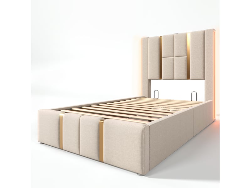 Lit coffre adulte 90x200 cm – beige – led rgb, usb et usb-c, contrôle par application, avec matelas - Conforama D
