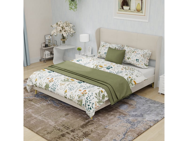  Lit adulte 140 x 200 cm, lit double, avec tête de lit et sommier, base basse, velours beige, sans matelas  - Conforama W