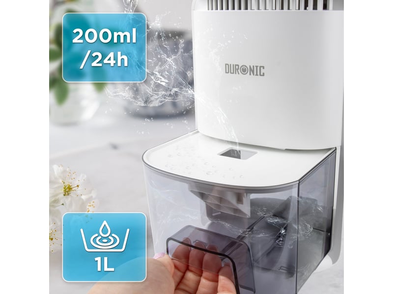  Duronic dh07 we déshumidificateur 22,5w jusqu'à 200 ml d'eau par jour réservoir d'1 litre compact et silencieux idéal pour petits espaces  - Conforama D
