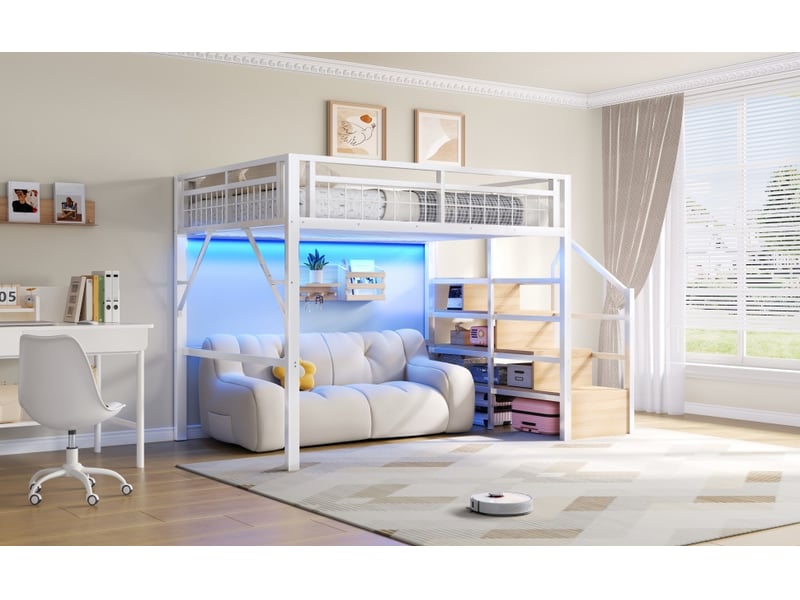  Lit mezzanine enfant 140 x 200 cm avec escalier de rangement et éclairage led, garde-corps, sommier à lattes inclus, métal, blanc Morn Vibe - Conforama C