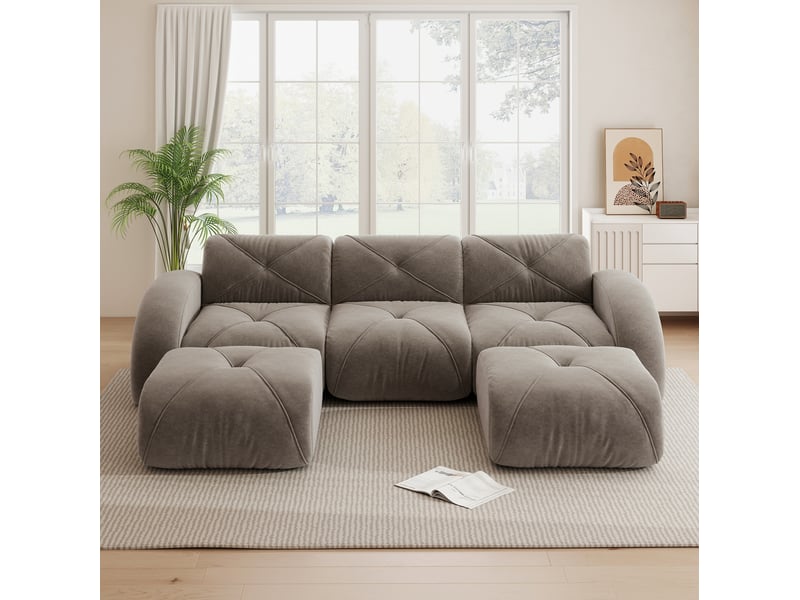  Canapé modulable en u 3 places en tissu taupe avec 2 poufs, confort sans cadre pour votre salon accueillant  - Conforama E
