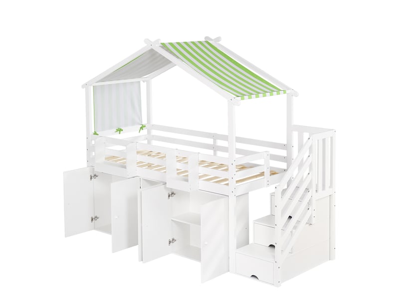  Lit mezzanine avec armoire et escalier rangement, blanc et vert  - Conforama D