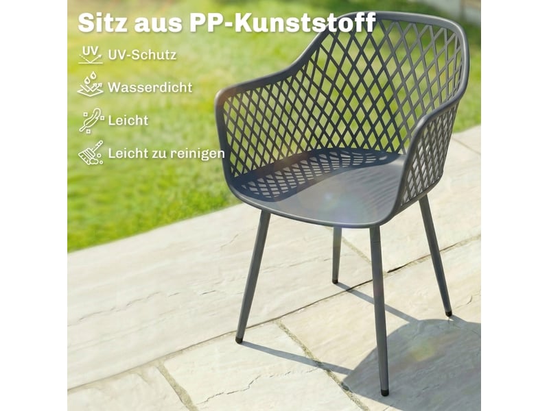 Lot de 4 chaises de jardin gris foncé en plastique avec pieds en métal, résistantes aux uv, avec accoudoirs - Conforama D