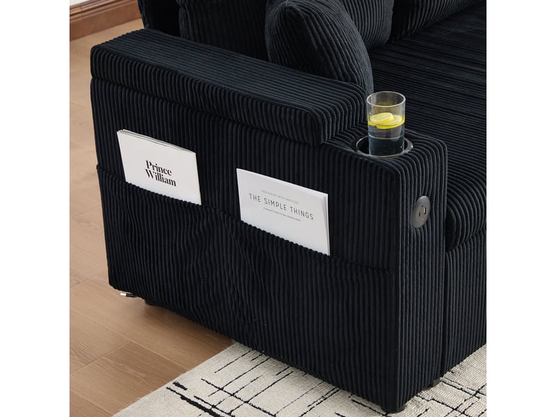  Méridienne canapé 3 places noir corduroy avec coffre de rangement et chargeur usb-c intégré  - Conforama W