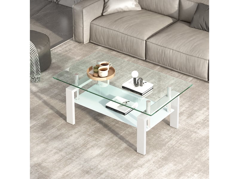  Table basse de salon rectangulaire en verre trempé blanc, 2 plateaux, structure métal, 100 x 60 x 44 cm Fay Lum - Conforama D