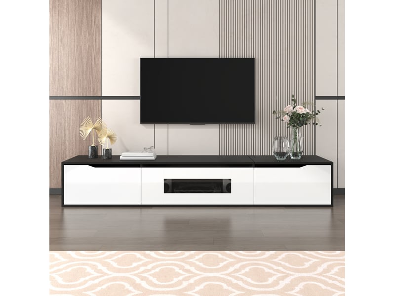  Meuble tv 180x35x30 cm, design moderne, éclairage led 16 couleurs, rangement, mdf et panneau particules, noir et blanc  - Conforama E