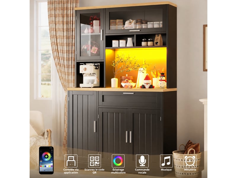  Meuble de cuisine muvano, buffet haut de cuisine avec vitrine, éclairage led, noir, 104 × 40 × 180 cm  - Conforama B