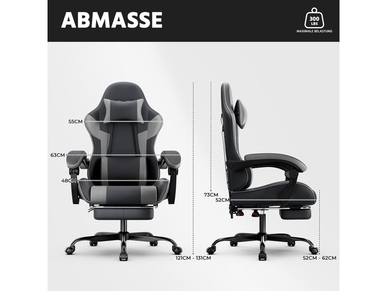  Chaise de bureau gaming 55 cm – noir et gris – dossier inclinable, repose-pieds et accoudoirs synchronisés  - Conforama C