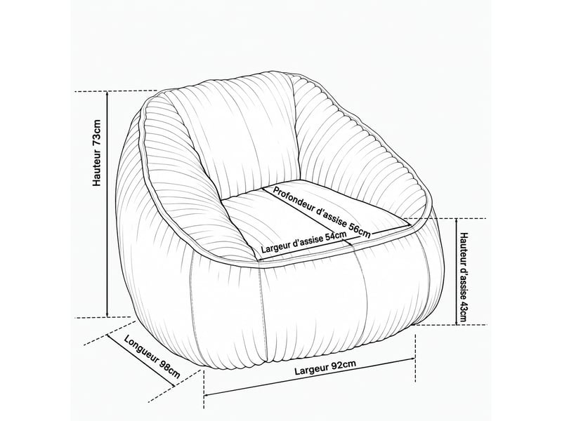 Fauteuil pouf avec mousse à mémoire de forme 98 x 92 x 73 cm en velours côtelé beige - Conforama C