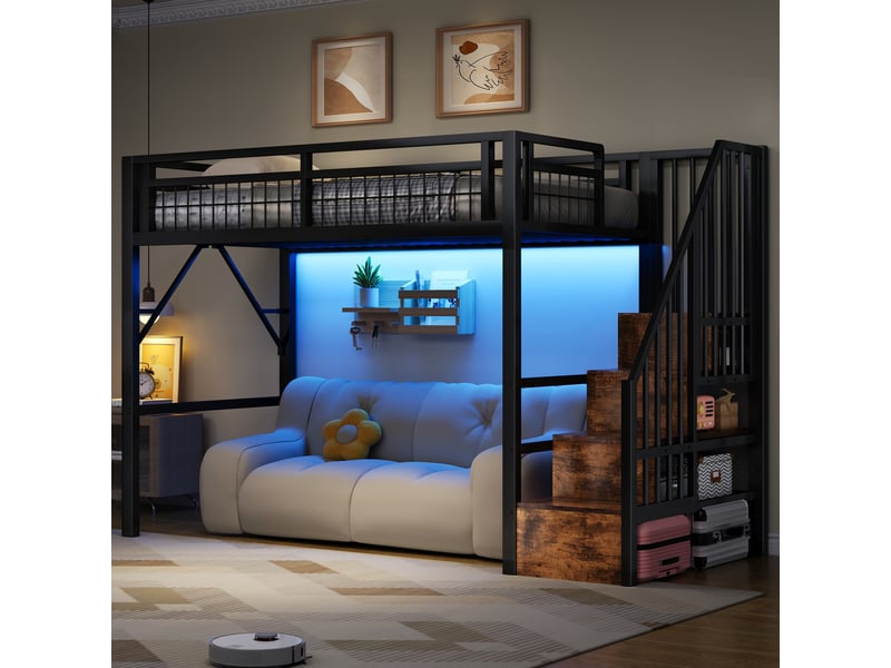  Lit mezzanine en métal - 90x200 cm - noir - bande lumineuse led - espace de rangement - escalier intégré 254x95.5x160cm - Conforama A