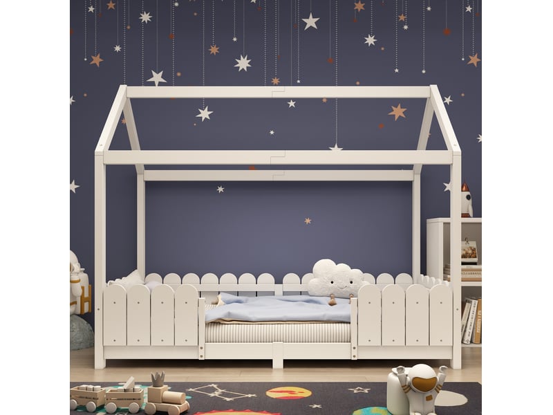  Lit cabane enfant 90x200 cm blanc avec barrières de sécurité et sommier à lattes  - Conforama B