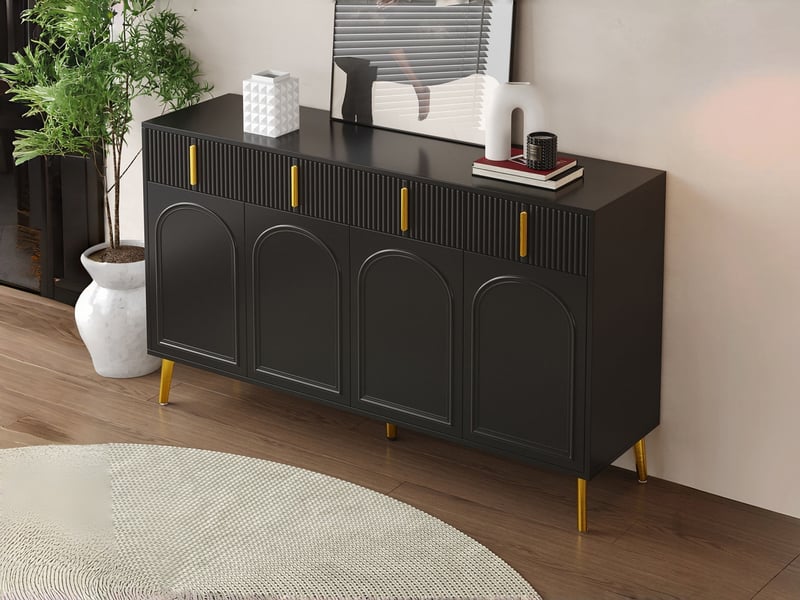  Commode 4 tiroirs et 4 portes, 140 x 38 x 82 cm, poignées et pieds dorés, panneau stratifié amovible, noir  - Conforama B