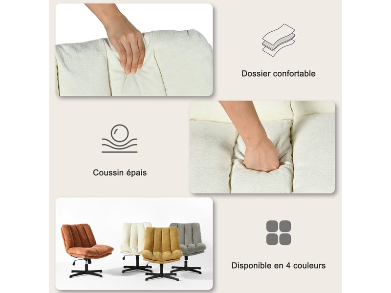  Fauteuil salon pivotant sur 360°, réglable en hauteur, sans accoudoirs, en tissu chenille, beige  - Conforama E