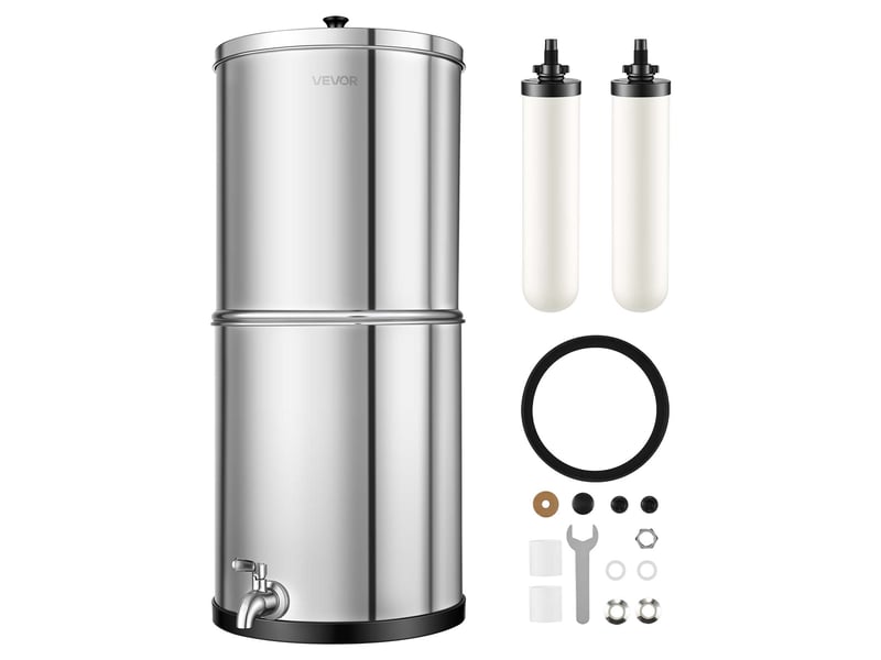  Vevor filtration eau gravite 11,36l, inox camping, plomb 99% chlore, 2 cartouches ceramique charbon  - Conforama A